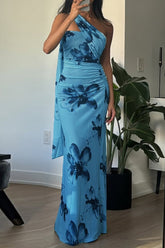 Floral Print Slim Fit Strapless Maxi Dresses - Blue